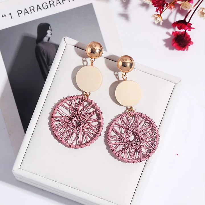 New exaggerated DIY wooden big circle earrings female temperament wild personality hollow mesh pendant earrings long multicolor