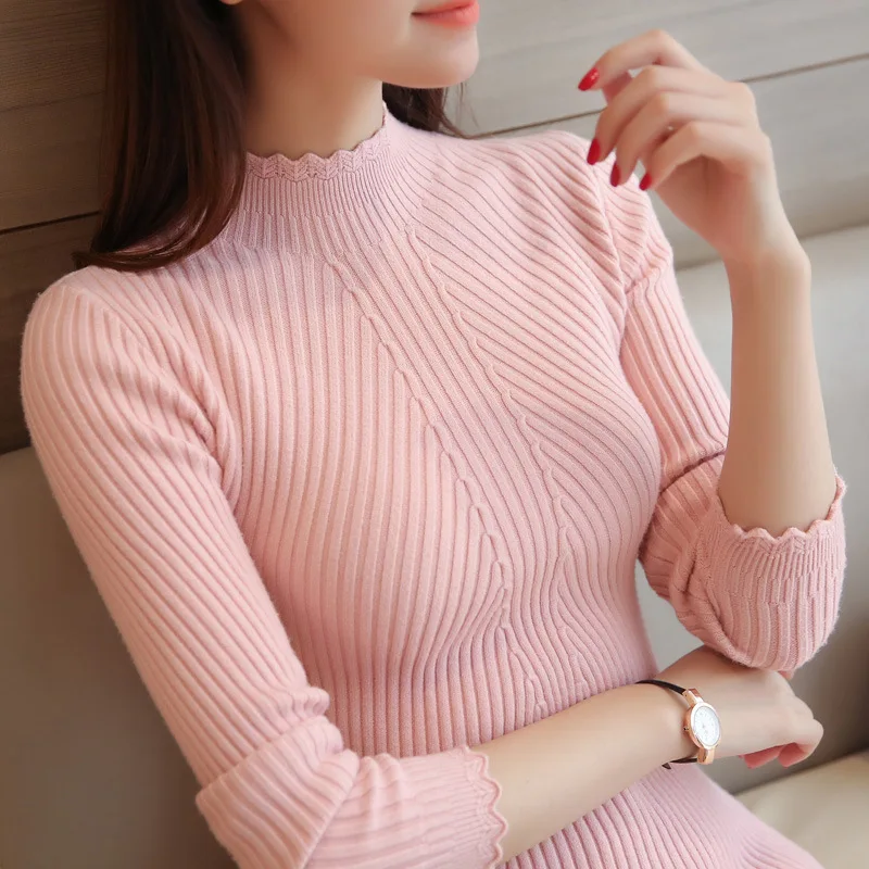 

New Autumn Winter Solid Sweater Women Turtleneck Slim Stretchy Ruffles Jumper Pullover Tricot Black White Long Sleeve C87492