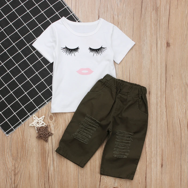 Летняя одежда для маленьких девочек модный костюм с рисунком бровей белый топ с короткими рукавами+ черная мини-юбка комплект из 2 предметов