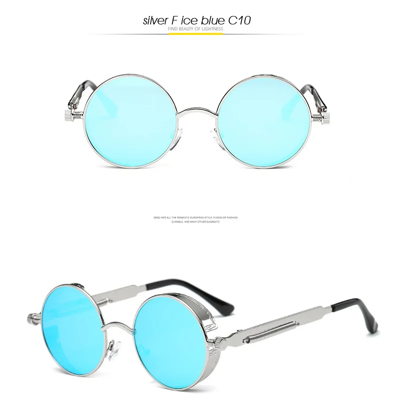 BANSTONE круглые солнцезащитные очки в металлической оправе мужской женский стимпанк модные очки Брендовая дизайнерская обувь в ретро-стиле Винтаж солнцезащитные очки UV400 - Цвет линз: C10 silver F ice blu