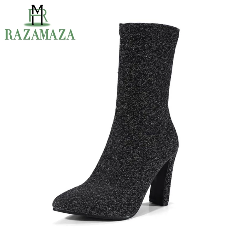 

RAZAMAZA Sexy Female Thick High Heels Med Calf Boots Ladies Pointed Toe Slip On Elastic Boots Women Autumn Warm Botas Size 32-43