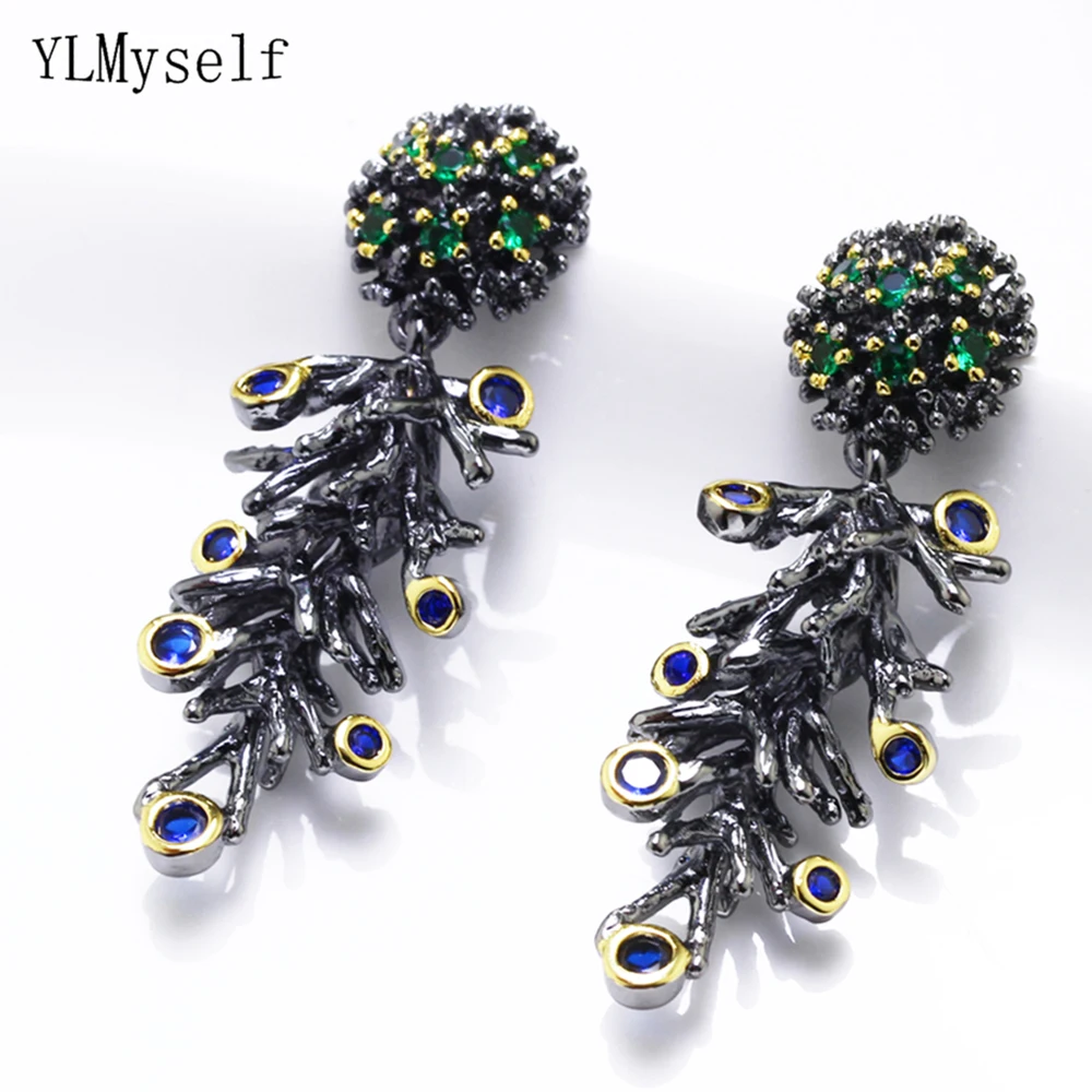 

New branch design Long vintage earring jewelry Round cut Blue Green crystal classic Gun black drop earrings