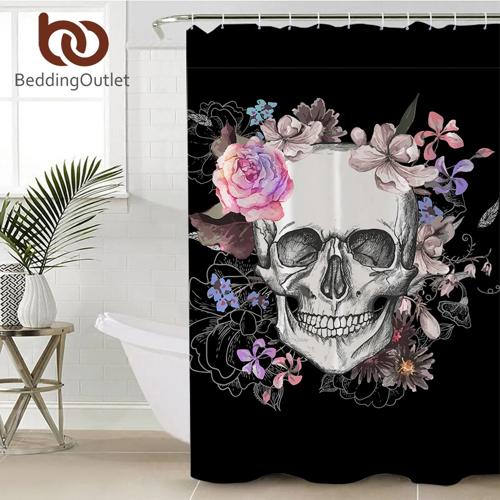 

BeddingOutlet Sugar Skull Shower Curtain Flowers Printed Waterproof Bath Curtain Floral Polyester Bathroom Decoration With Hooks