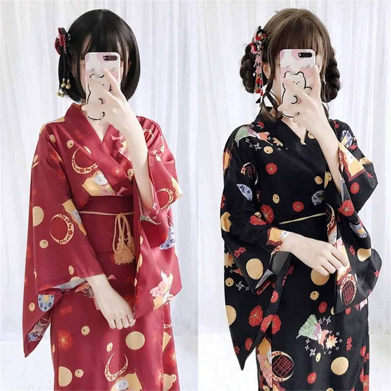 

Japanese Style Vintage Sweet Lolita Cute Cat Printed Kimono Improve Party Dress Cosplay Women Yukata Ceremony Dress Summer