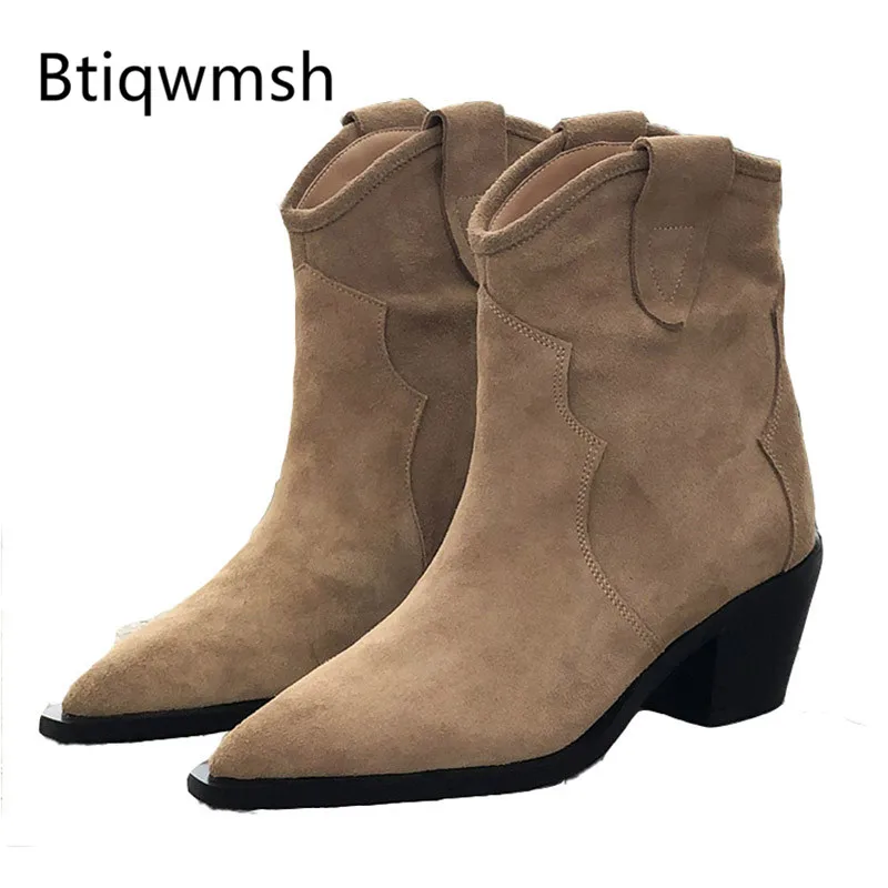 

2019 Retro Brown Suede Ankle Boots Woman Pointed Toe Embroidery Low Heel Boots For Women Short Boots