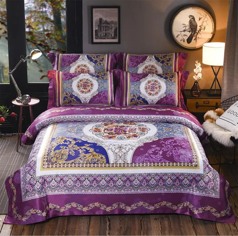 

Luxury Jacquard Satin duvet cover set Purple/Blue Bohemia bedding sets 4pcs Digital printing Palace Bed cove linen pillowcase