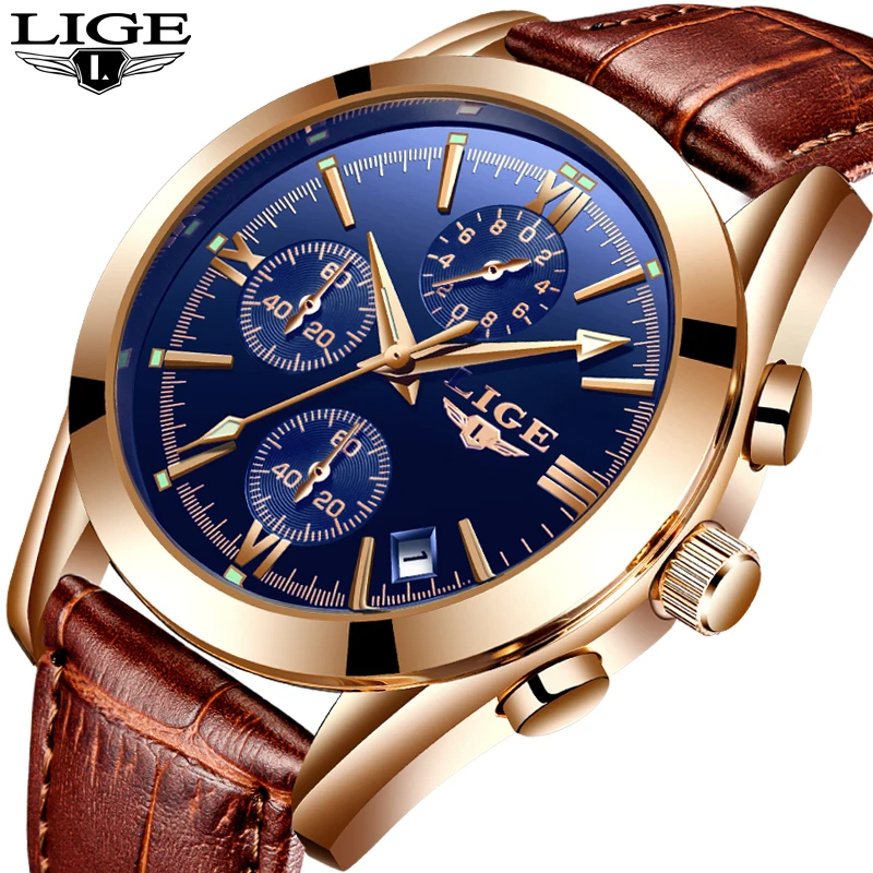Новинка 2017 года часы Для Мужчин's Элитный бренд LIGE Для мужчин спортивный хронограф Водонепроницаемый кожа кварцевые Для мужчин часы Для