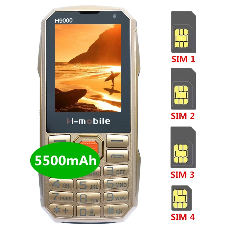 

5500mAh power bank 2.8" Cellphone Quad Sim 4 SIM cards 4 standby mobile speed dial MP3 Bluetooth Flashlight dual camera H9000