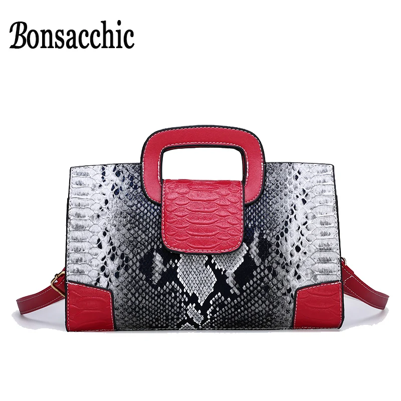 

Bonsacchic Satchel Women Leather Handbags Luxury Designer Snake Print Bag Purse Summer Female Clutch Tote Bags for Women Bolsos