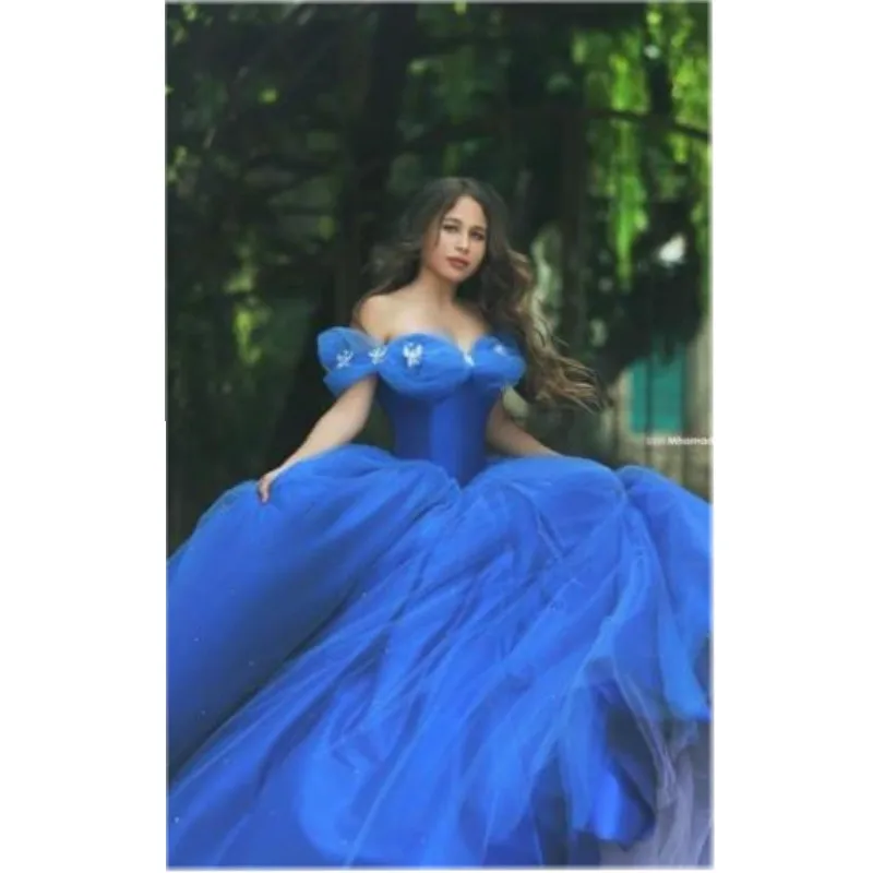 Romantic Royal Blue Wedding Gowns Princess Ball Gown Off Shoulder 2016