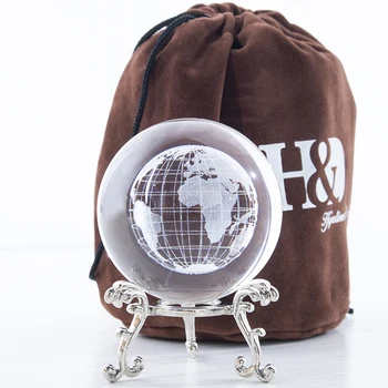 

H&D 3D Crystal Ball 60mm Laser Engraved Miniature Earth Sphere Home Office Table Decoration Globe Craft for Creative Gift