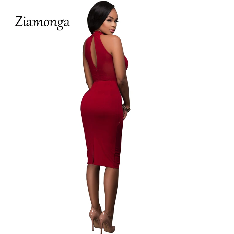 Ziamonga осеннее женское тонкое сексуальное Сетчатое платье-карандаш, повседневное Бандажное платье миди без рукавов, Женская офисная одежда размера плюс XXXL
