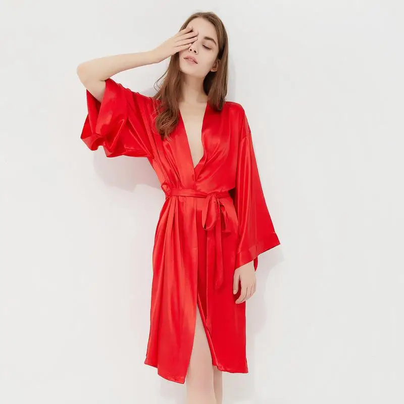 Искусственный шелк Для женщин халат из вискозы платье для отдыха, одежда для сна, для невесты или подружки невесты халаты для невесты летнее кимоно халаты одноцветная одежда для сна Размеры S M L XL - Цвет: Red