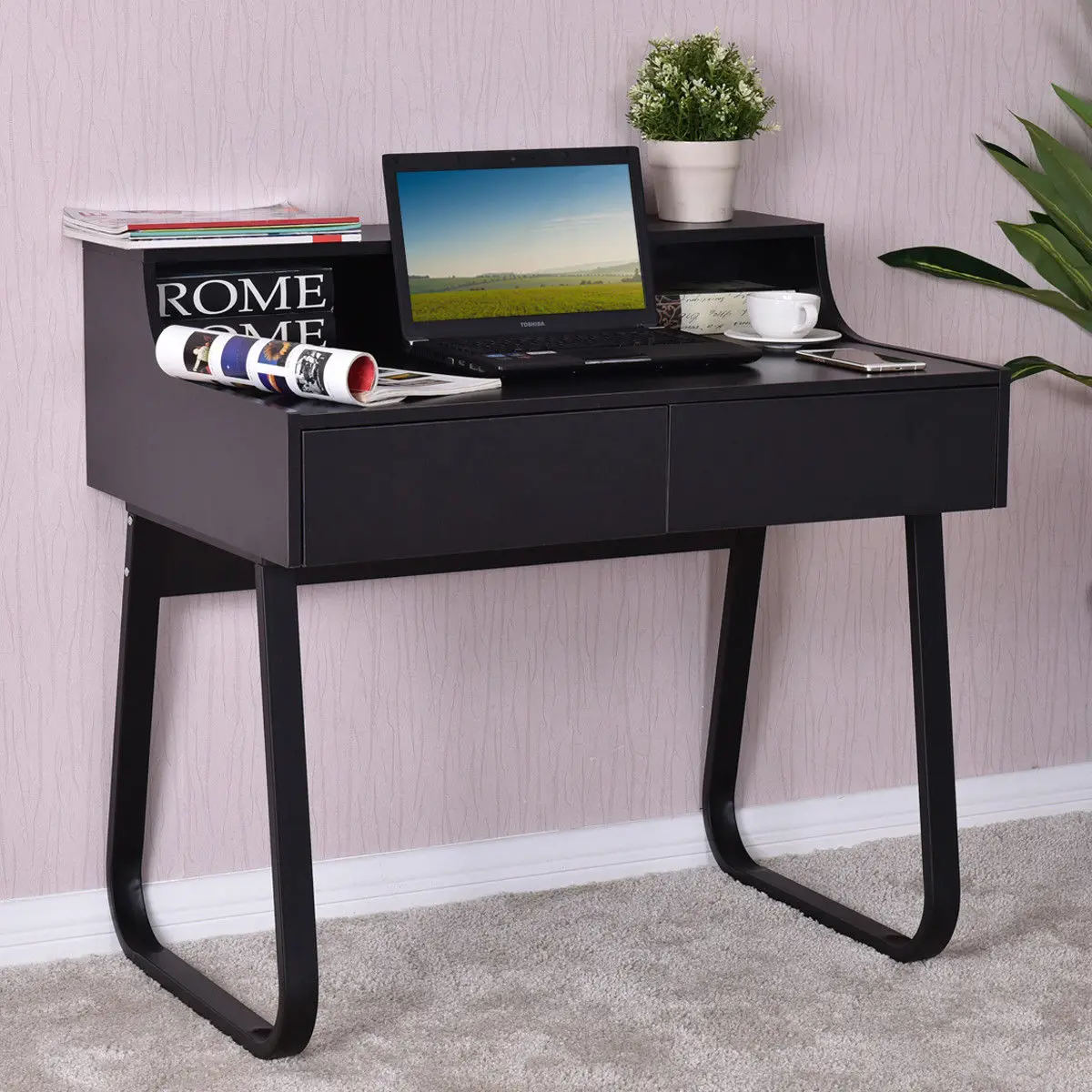 Giantex Computer Desk PC Laptop Study Writing Table Modern Wood Workstation with 2 Drawers Home Office Furniture HW56367