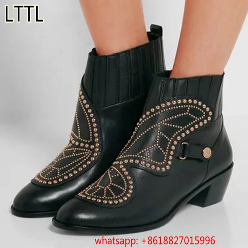 Butterfly Pattern Ankle Boots For Women LTTL Buckle Strap Low Heels