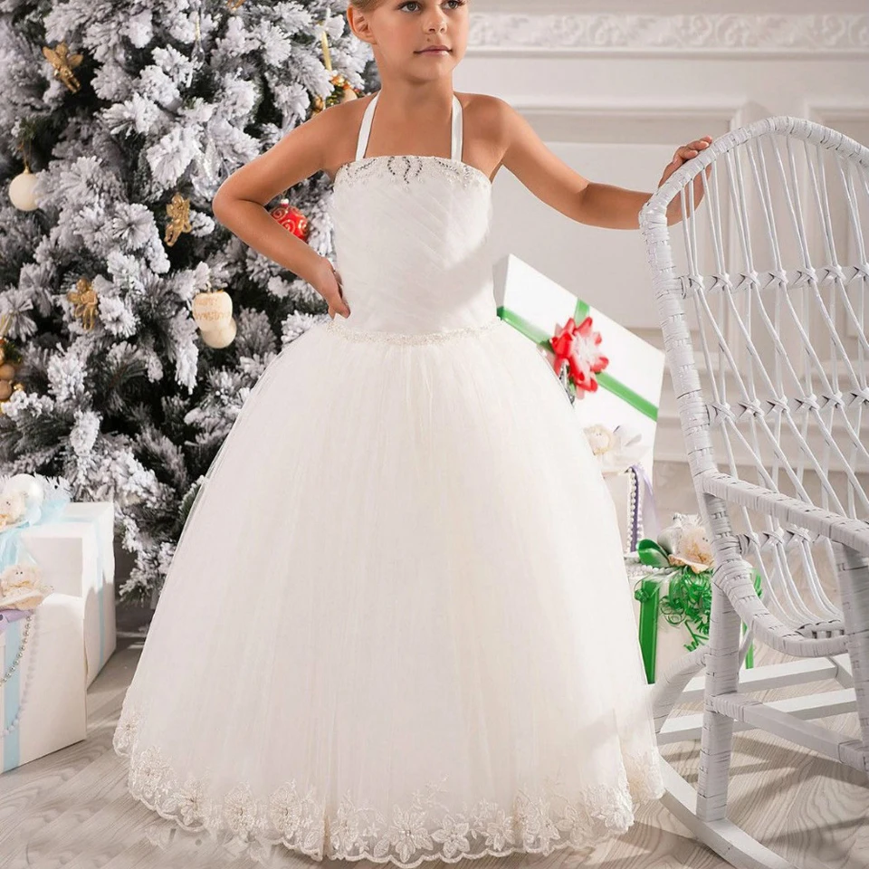 

New Arrival Simple Vintage Halter Beaded Net Sash Girls Birthday Party Christmas Princess Pageant Organza TuTu Dresses
