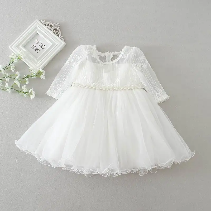 2017 New Newborn Baby Girl Christening Gown Infant Girls Princess Lace Long Sleeve Baptism Dress Toddler