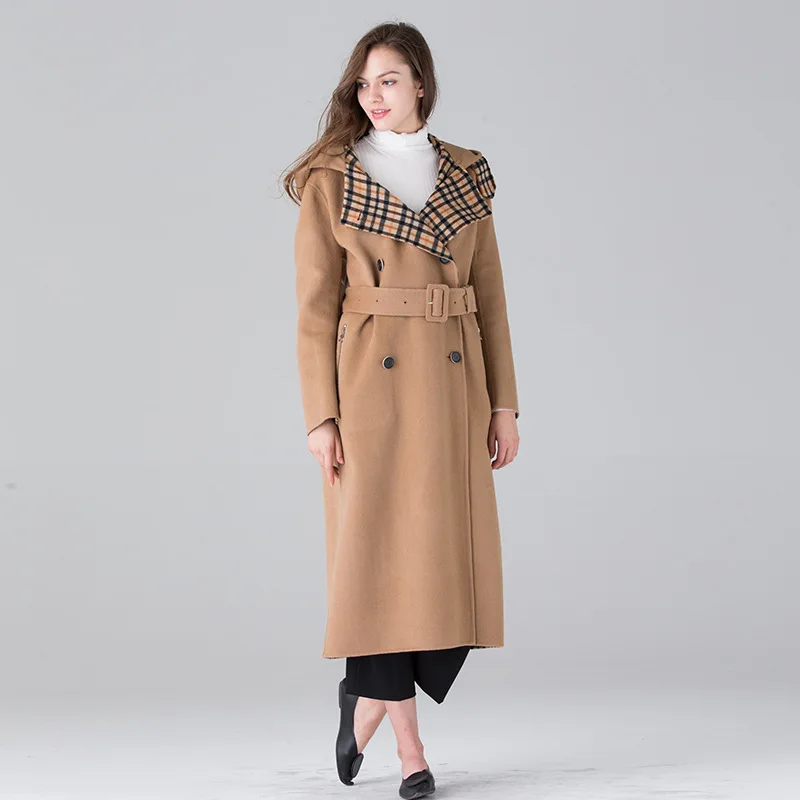 Длинные шерстяные кашемировые пальто для женщин Осень Зима повседневные женские куртки плюс размер двухсторонняя бежевая Клетчатая Кепка