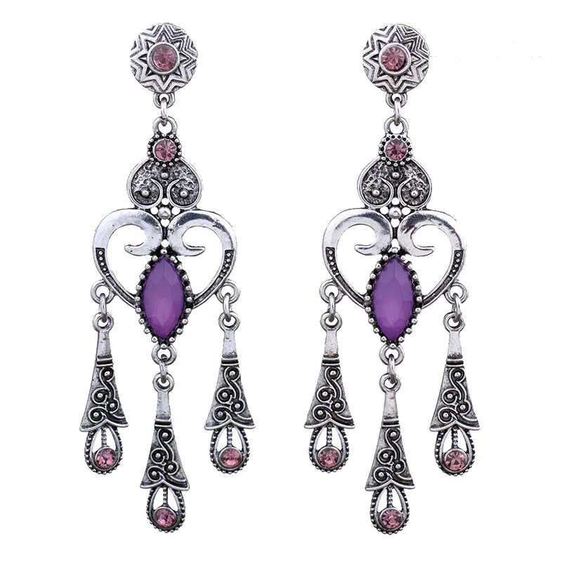 

MYTHIC AGE Bohe Vintage Antique Silver 5 Color Resin Heart Tassel Purple Crystal Drop Dangle Earrings For Women Jewelry