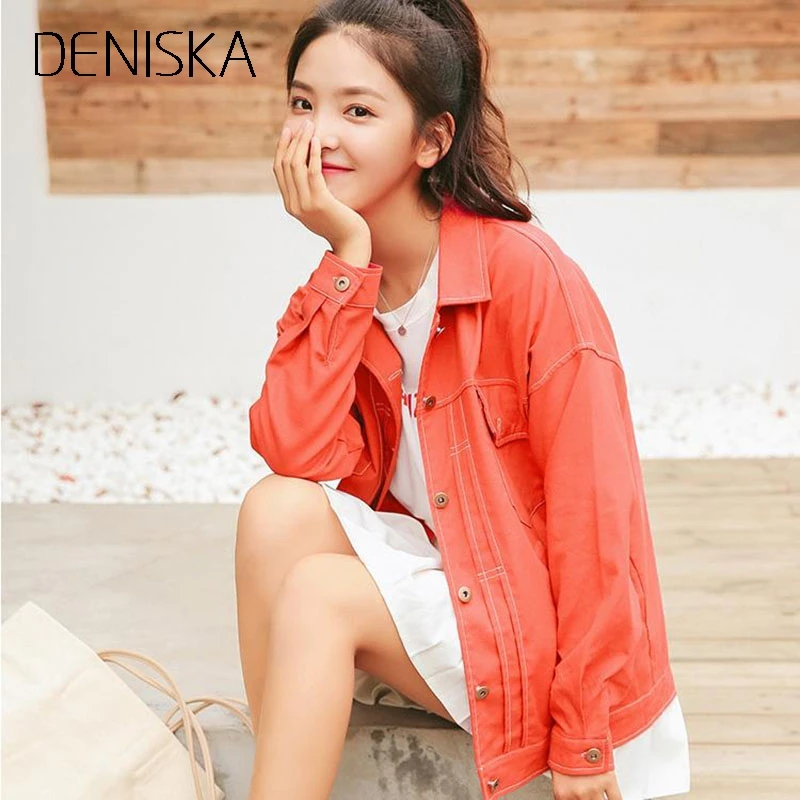Дениска 2018 Boyfriend Denim куртка осень женские куртки и пальто красный желтый с