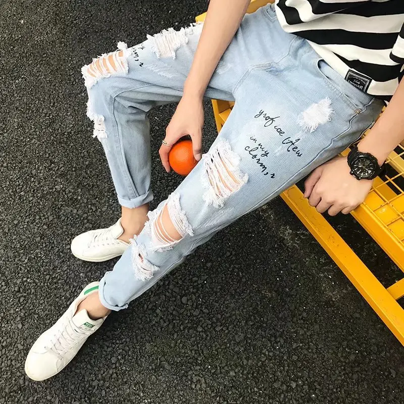 

High quality 2020 spring summer Knee hole Printed Denim cowboys teenagers hip hop Distressed loop hole joker Ankle Length jeans