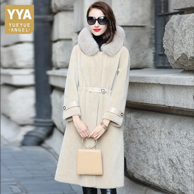 Designer Shearling Sheep Fur Coat Female Office Ladies Elegant Fox Fur
