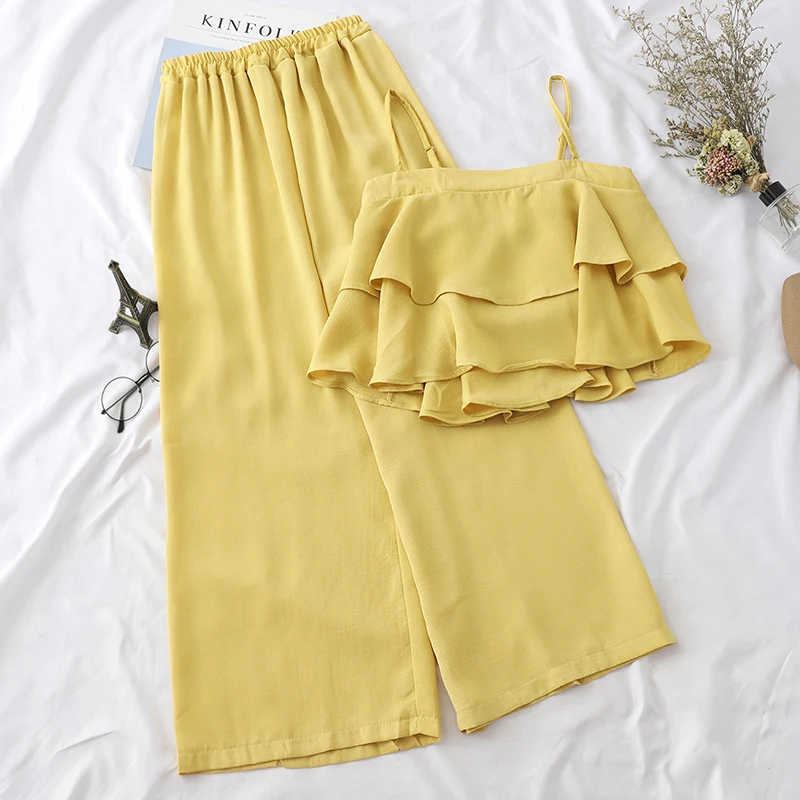 

2019 Beach Style Solid Women Two Piece Outfits Ruffles Short Elastic High Waist Ankle-length Pants Chiffon Set