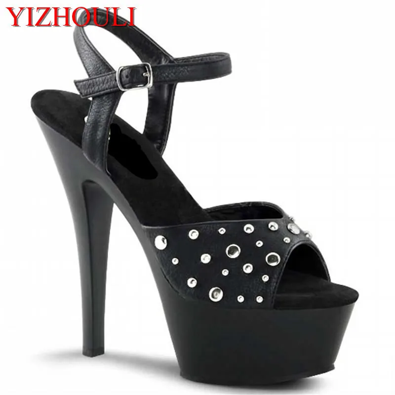 

The latest fashionable black rivet 15 cm high heels, platform pole dance/performance/banquet wedding sandals