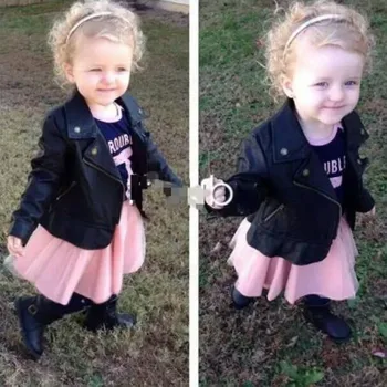 

Kids Toddlers Girls Children's Long Sleeve Black Faux Leather Jaclets Zip Cool Fashion Kids Clothing 5sets/lot