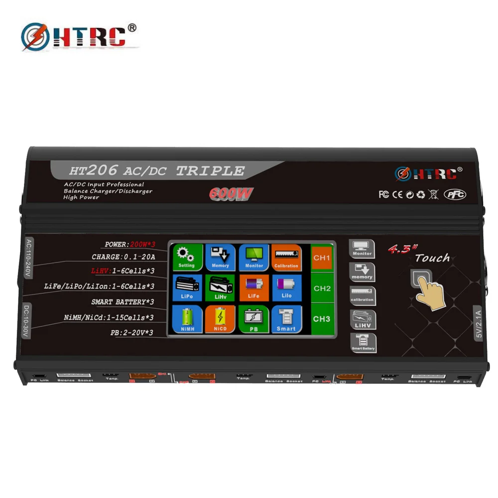

HTRC HT206 TRI RC Balance Charger AC/DC 200W*3 20A*3 Triple Port 4.3" Color LCD Touch Screen for Lilon/LiPo/LiFe/LiHV Battery