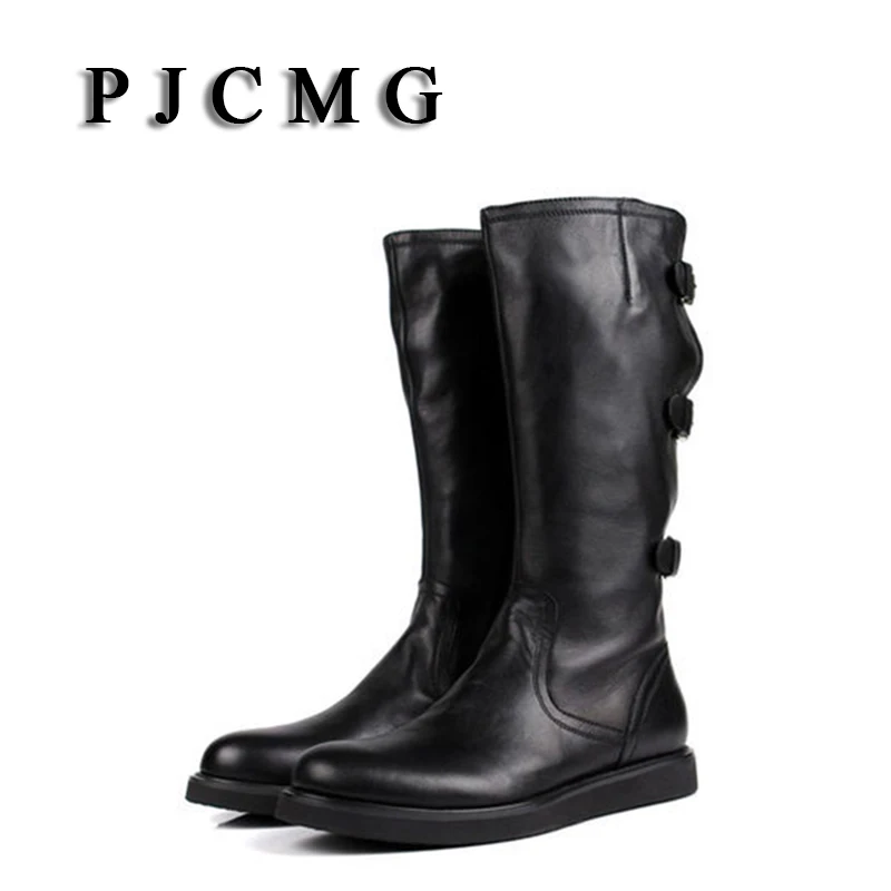 PJCMG новые высококачественные зимние Винтажные ботинки из натуральной кожи в стиле вестерн мужские черные мотоциклетные зимние ботинки для мужчин