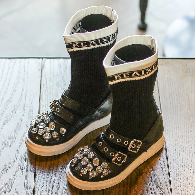 

Girls Boots Kids Shoes Autumn 2018 Fashion Crystal Rhinestone PU Leather Knitted Children Shoes Girls Princess Boots Black