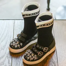 Ботинки для девочек обувь для детей осень 2018 модные со стразами из искусственной кожи вязаная детская обувь для девочек принцесса сапоги