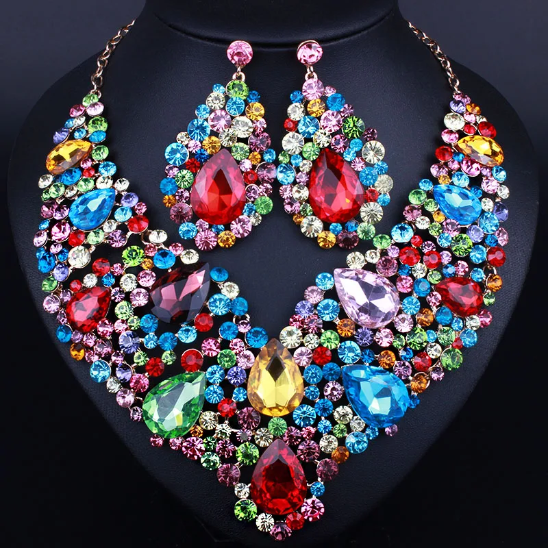 Luxurious wedding jewelry Full Crystal Rhinestone Statement Necklace and long earrings sets Dazzling Bridal party jewelry