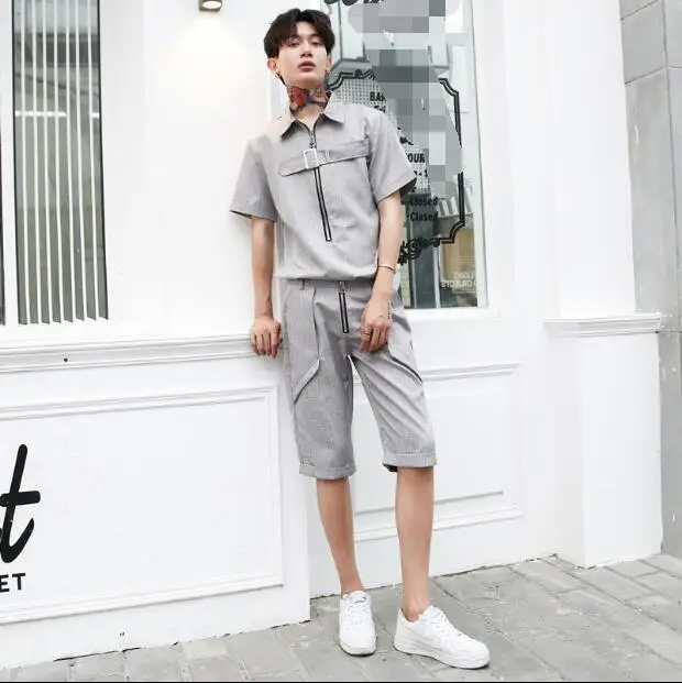 Стиль летний Южнокорейский стиль Модные мужские 2 шт. стилист волос короткий рукав рубашка индивидуальные шорты Британский костюм