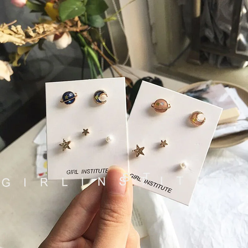 

Universe Moon Planet Stud Earring Set Mini Cute Girls Ear Jewelry Women Small Star Pearl 5-pairs Stud Earring Sets Fashion Gift