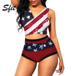 Sfit Women American Theme Two Piece Swimsuit V- neck Tankini Set High Waist Bikini Set Tank Top with Panty 2019 Mujer Fashion Sfit Women American Theme Two Piece Swimsuit V- neck Tankini Set High Waist Bikini Set Tank Top with Panty 2019 Mujer Fashion