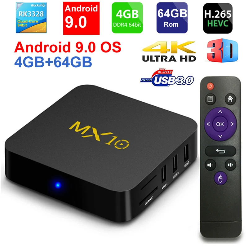 MX10 Android tv BOX Android 9,0 RK3328 Четырехъядерный 4 ГБ ОЗУ 64 Гб ПЗУ 3D 4K HDR10 H.265 USB 3,0 медиаплеер IP ТВ приставка