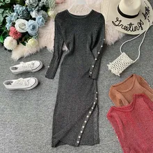 NiceMix Autumn Casual Knitted Dress Women Long Sleeve Split Dresses Sweater O-Neck Slim Bodycon Dress Vestidos De Fiesta