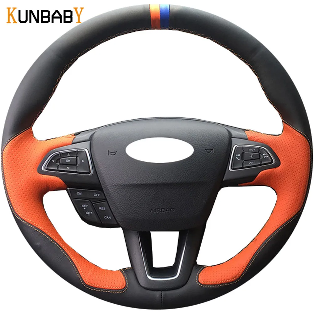 

KUNBABY Car Styling Black Orange Genuine Leather Car Steering Wheel Cover for Ford Focus 3 2015 Kuga Escape 2017 Car Accessories