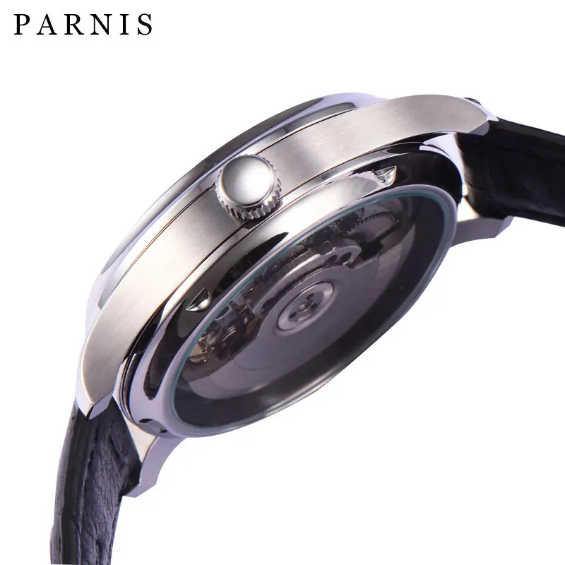 Parnis 43 мм механические часы для мужчин Календарь Водонепроницаемые автоматические самовзводные часы черный серебристый