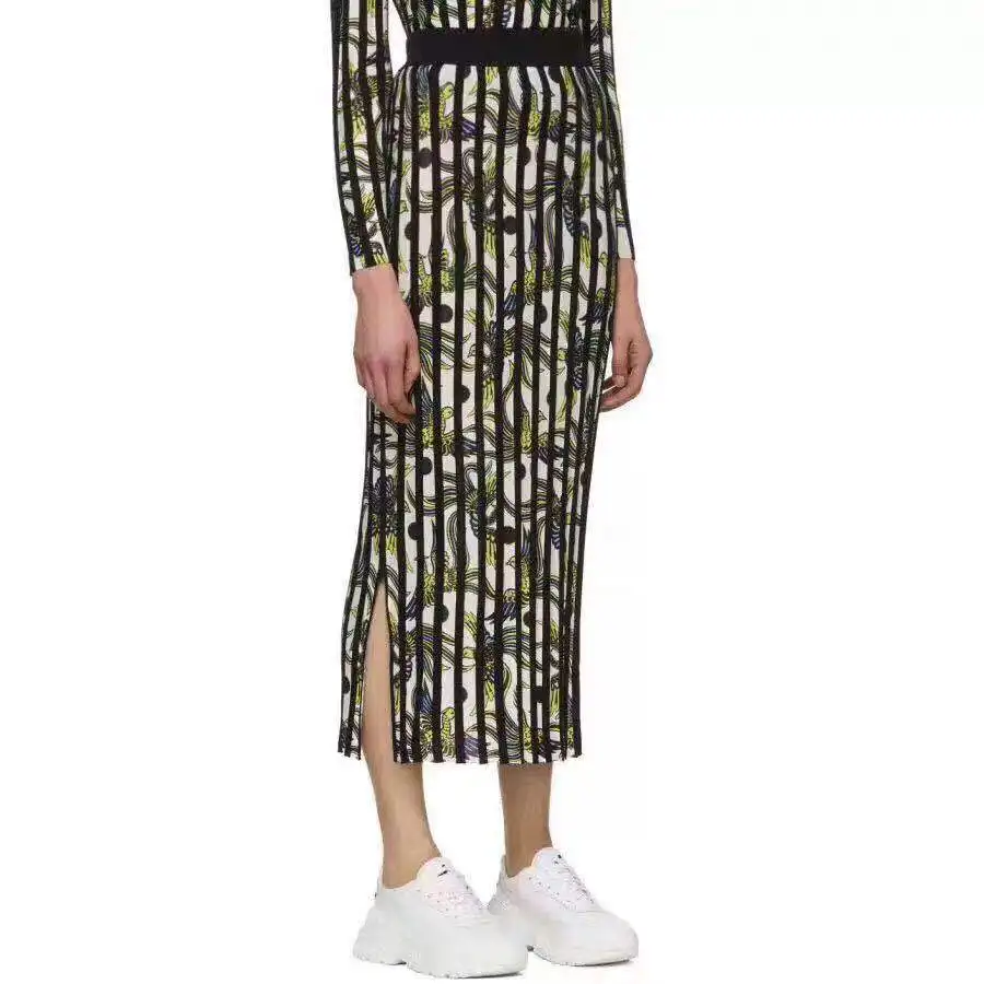 

2019 new fall self-cultivation print striped women slim long split knit skirt