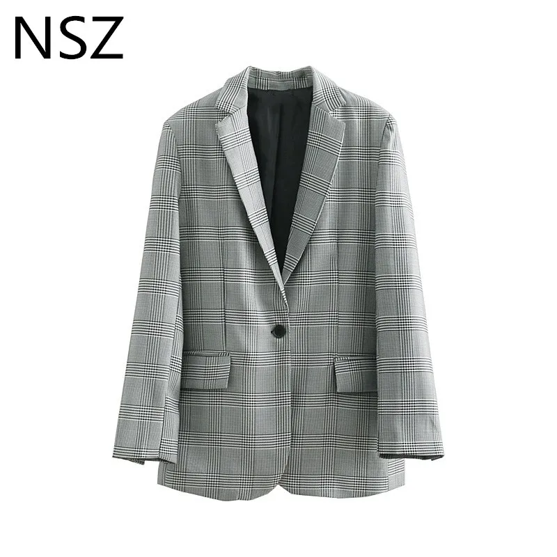NSZ Women Houndstooth Blazer Office Wear Coat Plaid Long