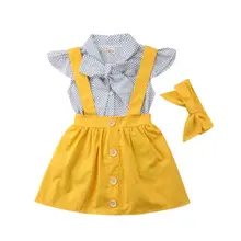 Милая детская одежда для девочек с оборками в горошек футболка+ юбка на подтяжках комбинезоны Головная повязка 3 предмета Комплект комплект летней одежды
