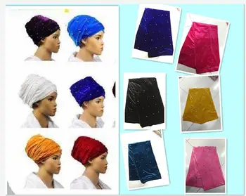 

Beauty design African turban gele beads and sequins Solid Velvet turban 14colors african headtie soft african scraf Hot sale.