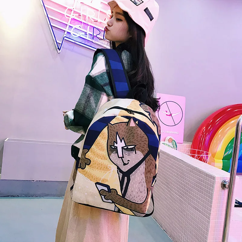 Menghuo Lovely Cat Printing Backpack Women Canvas Backpack School Bags for Teenagers Ladies Casual Cute Rucksack Bookbags (58)