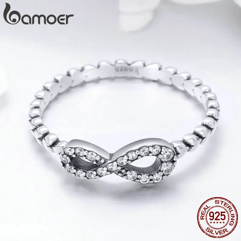 BAMOER Romantic 925 Sterling Silver Infinity Love Forever Heart Clear CZ Finger Ring for Women Sterling Silver Jewelry SCR414
