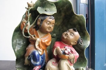 

Chinese Pottery WuCai porcelain Sit lotus leaf lotus childie Boys Girls Statue