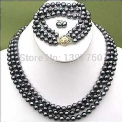 

Miss charm Jew.87 Elegant 3 ROWS Black 8-9 mm Akoya pearl necklace bracelet earring set (A0423)