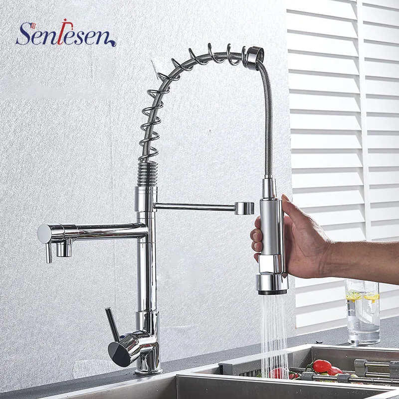 

Senlesen Kitchen Spring Faucet Pull Out ABS Spray Head Single Handle Hot and Cold Water Mixer Tap Ceramic Valve Deck Mounted